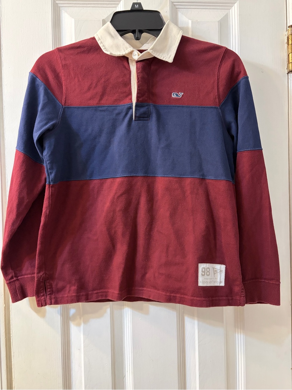 Vineyard Vines Boy's Classic Rugby Shirt Maroon/Blue Stripe Cream Collar 12-14